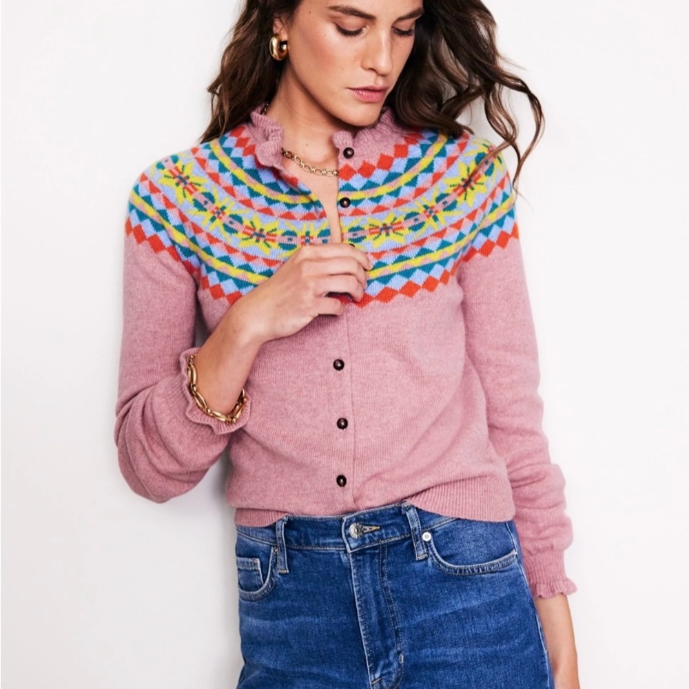 LIKE NEW Boden- Fae Fair Isle Frilled Cardigan, Old Rose Pink